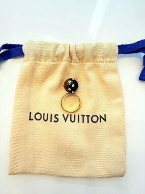 Louis Vuitton Luxury Gold-Tone Ring with Black Orb and Crystal Accents size 6